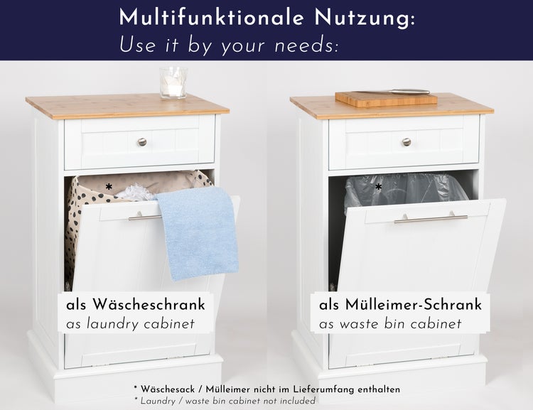 WONDERMAKE - Wäscheschrank hoch oder Mülleimer-Schrank aus Holz / Bambus, Wäschesammler Hochschrank für Badezimmer oder Küche ausklappbar mit Schublade, weiß