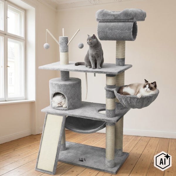 Mehrstöckiger Katzenkratzbaum mit Liegehöhlen, Schlafmulde, Sisalsäulen und Spielbällen, geeignet für mehrere Katzen.