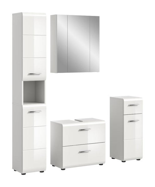 Badezimmermöbel-Set bestehend aus Hochschrank, Spiegelschrank, Waschbeckenunterschrank und Beischrank.