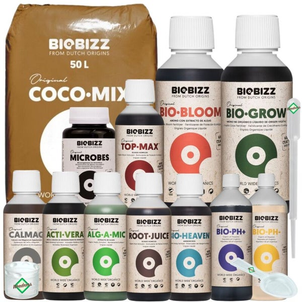 Biobizz Pflanzenset mit 50 Liter Coco-Mix, organischen Düngern wie Bio-Bloom, Bio-Grow, Top-Max, Microbes, Calmag und Zubehör zum Messen.