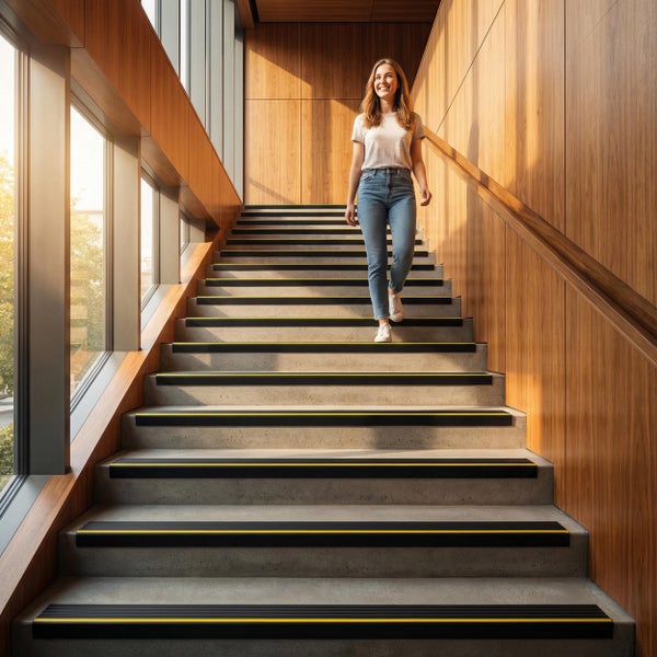 Eine Frau geht eine moderne Treppe mit Betonstufen, Holzverkleidung und Antirutsch-Treppenkantenprofilen mit Sicherheitsmarkierung hinunter.