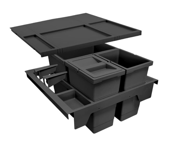 Mülltrennsystem aus Kunststoff in Anthrazit mit mehreren Abfalleimern und einer Ablageplatte für den Küchenunterschrank.