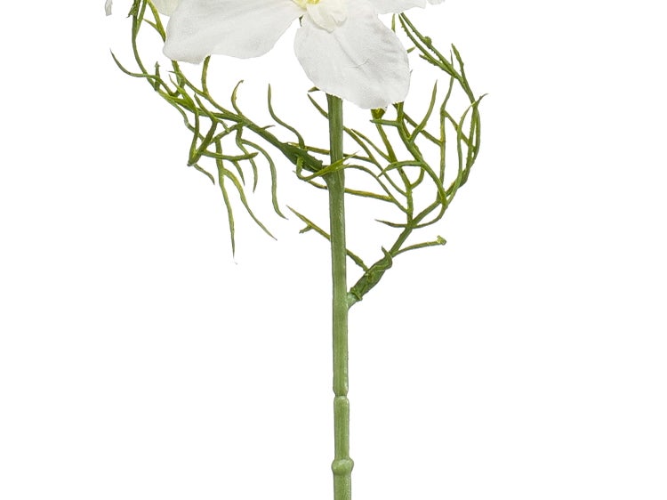 Künstlicher Nigella-Zweig mit weißer Blüte und feinem grünen Blattwerk an einem grünen Stiel.