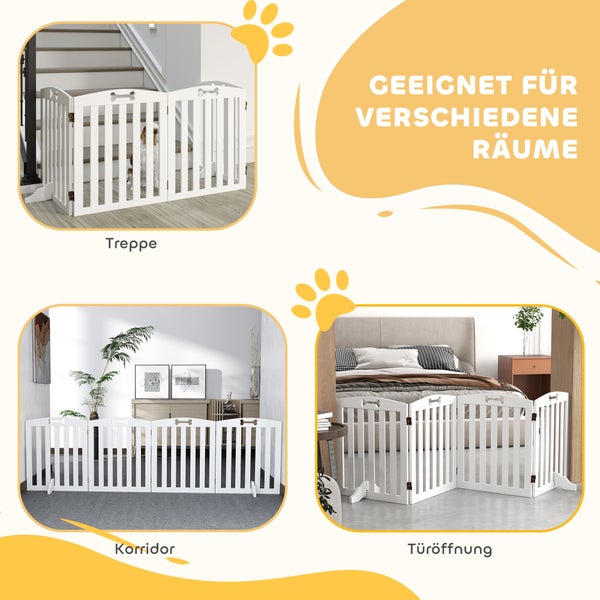 PawHut Absperrgitter Hund 4-teilig, 207,5 x 61 cm Faltbar Türschutzgitter mit 2 Stützfüßen, Freistehend Hundegitter, Treppengitter für mittelgroße Hunde, für Flur, Treppe, Weiß