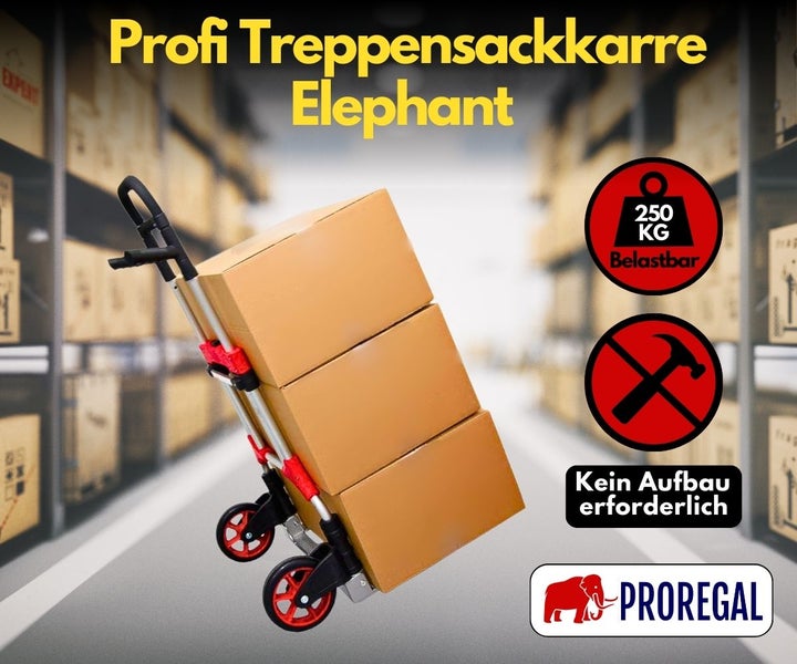 PROREGAL Klappbare Profi-Sackkarre ELEPHANT HxBxT 112 x 60 x 61 cm Traglast 250 kg Ergonomische Griffe TPR-Gummiräder Schwarz-Rot-Silber