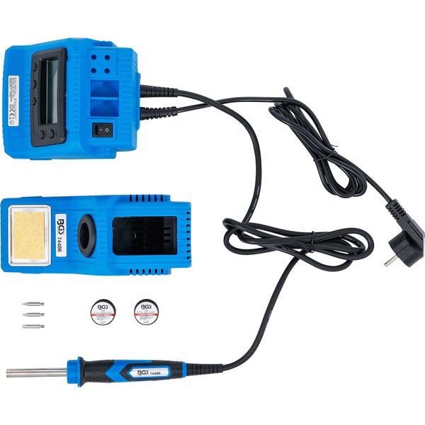 Blaue digitale Lötstation mit Digitalanzeige von 200 Grad Celsius, Tasten zur Temperatureinstellung und Netzschalter.