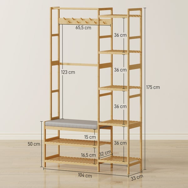 Bambus-Garderobenständer mit Sitzbank, Schuhregal und Ablagefächern. Maße: 175 Zentimeter Höhe, 104 Zentimeter Breite, 33 Zentimeter Tiefe.