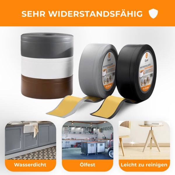 Mehrere Rollen selbstklebende Weichsockelleisten von Quest Profile mit verschiedenen Anwendungsbeispielen wie Küche, Garage und Wohnbereich.