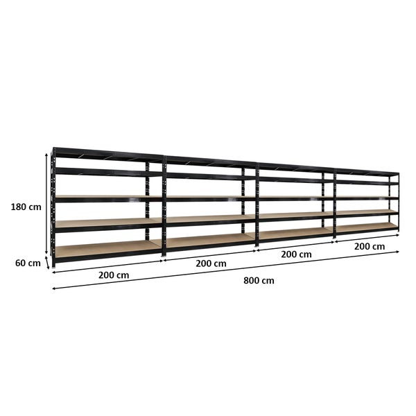 PROREGAL Mega Deal 4x Profi Schwerlastregal Rhino HxBxT 180 x 200 x 60 cm 5 Spanplatten-Ebenen 8mm Fachlast 500 kg Schwarz