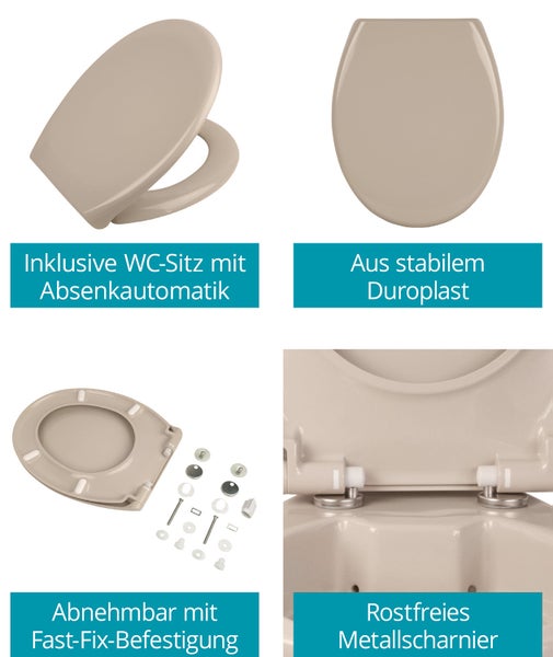 Calmwaters® Stand WC spülrandlos Komplettset Elements Wellness mit Toilettendeckel, erhöhtes WC + 7 cm, abnehmbarer WC Sitz Absenkautomatik, Schnellbefestigung, Tiefspüler, Beige, 07AB5426