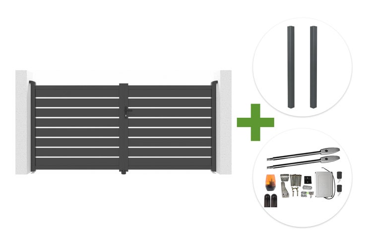 Doppelflügeltor mit Querlamellen, inklusive zwei Pfosten und elektrischem Drehtorantrieb-Set mit Zubehör.