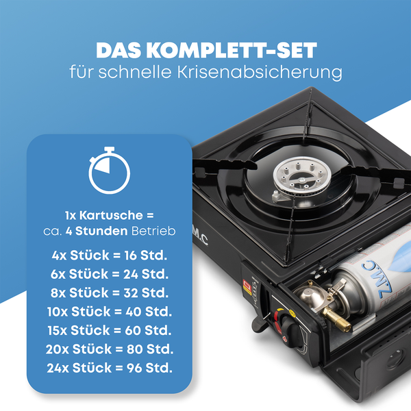 Gaskocher 1-flammig inkl. Adapter für LPG + Aufbewahrungskoffer + 12 Gaskartuschen 227g, Campingkocher für Outdoor und Innenraum, Campinggaskocher 2,2 kW mit Piezozündung