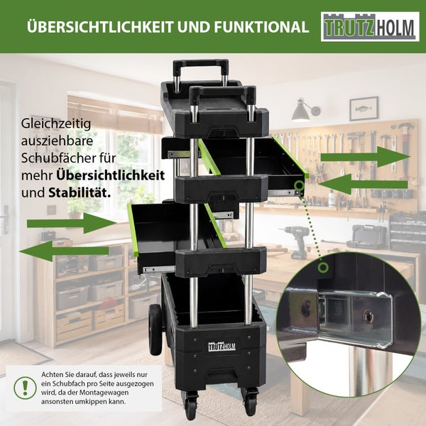 Trutzholm Montagewagen mit ausziehbaren Schubfächern für Werkstatt und Heimwerkerbedarf mit detaillierter Ansicht der Schubladenschiene.