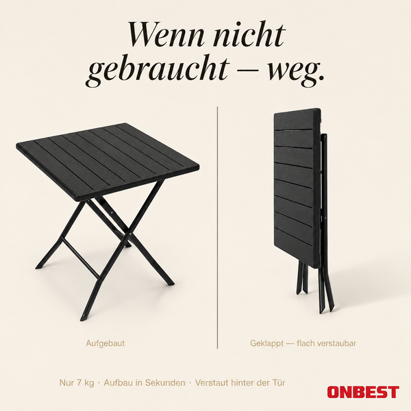 ONBEST Klapptisch im aufgebauten und flach zusammengeklappten Zustand, Gewicht 7 Kilogramm.