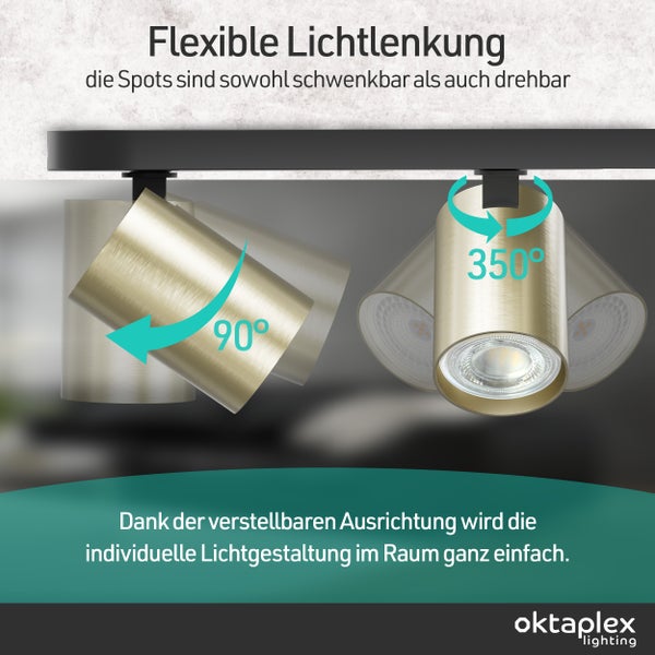 Deckenspot mit Schwenkbereich von 90 Grad und Drehbereich von 350 Grad für flexible Lichtlenkung. oktaplex lighting Logo.