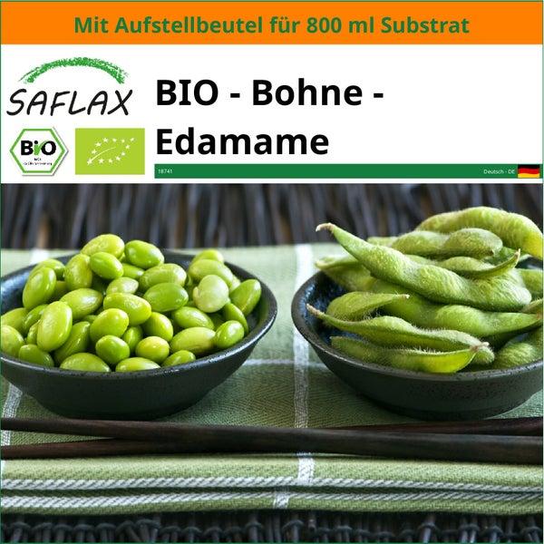 SAFLAX Garden in the bag - BIO - Bohne - Edamame - Glycine max (L.) Merr. - 8 Samen - Mit Anzuchtsubstrat im praktischen, selbst aufstellenden Beutel