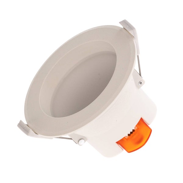 Runder LED Einbaustrahler in Weiß mit integriertem Sensor und seitlichen Klemmfedern für die Deckenmontage.