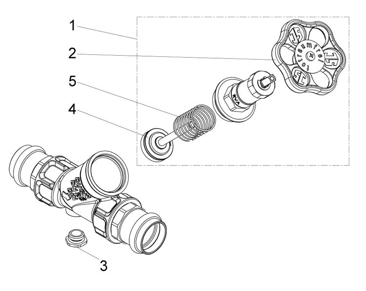 Explosionszeichnung eines Schrägsitzventils mit durchnummerierten Einzelteilen wie Handrad, Ventiloberteil und Feder.