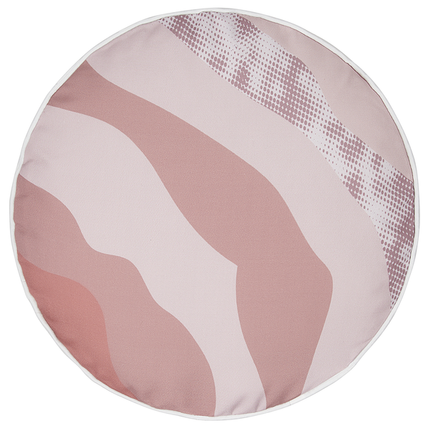Rundes Dekokissen in Rosa mit abstraktem Wellenmuster und weißer Paspelierung.