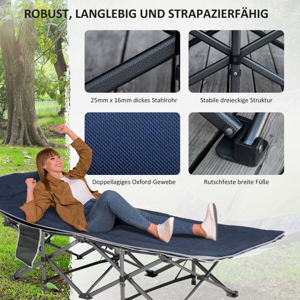 Outsunny Campingbett klappbar Feldbett Klappbett mit Kopfkissen Seitentasche Matratze Gästebett bis 150 kg belastbar Reisen Outdoor Oxford Dunkelblau 188 x 64,5 x 53 cm