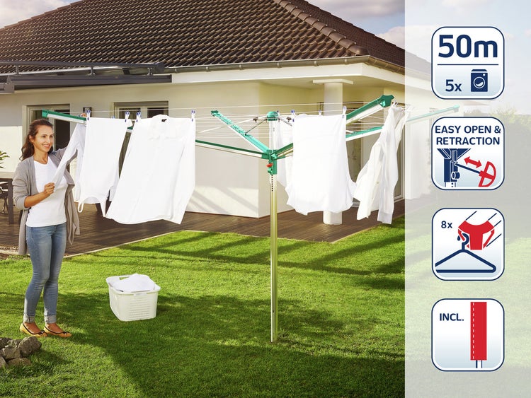 Leifheit Wäschespinne Linomatic 500 Deluxe Cover mit Leineneinzug für saubere Wäsche, Wäscheschirm für die ganze Familie, Wäscheständer inkl. Bodenhülse und Schutzhülle, 50m Leine für 5 Wäscheladungen