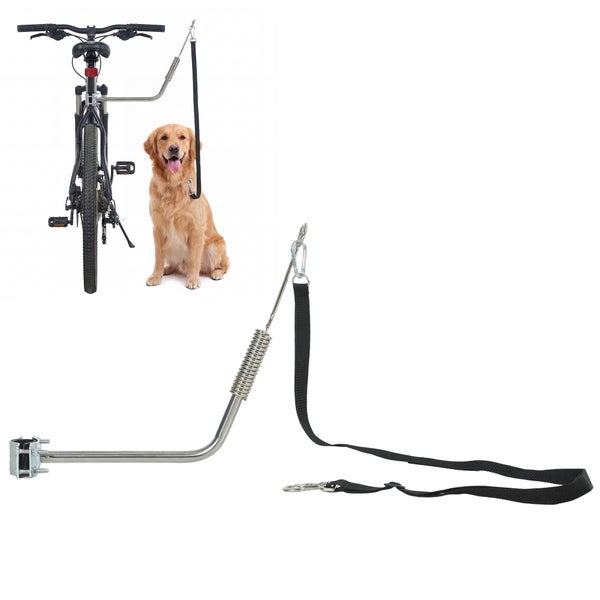 Fahrrad-Hundehalterung mit Federung und Leine zur Befestigung an der Sattelstütze, inklusive Anwendungsbeispiel mit Hund.