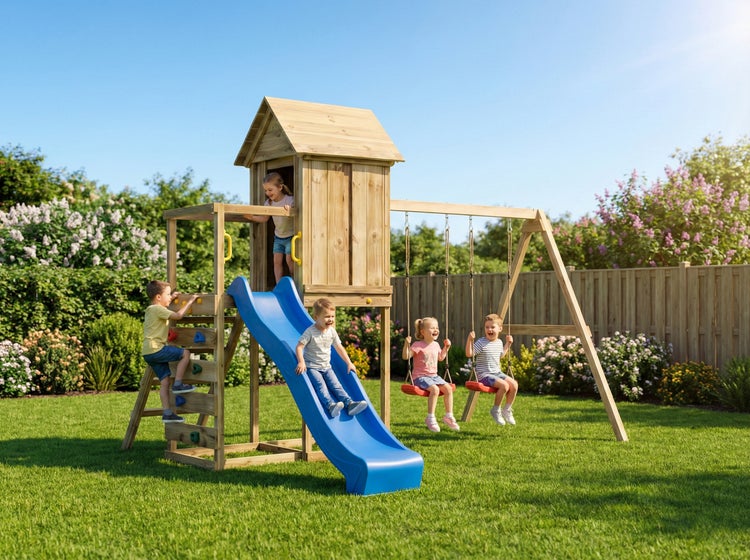 Holz-Spielturm mit Spielhaus, Rutsche, Kletterwand und Doppelschaukel in einem hellen Garten mit Kindern.