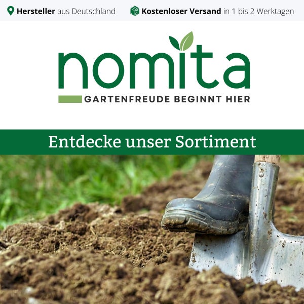 nomita Logo, Hersteller aus Deutschland, kostenloser Versand, Entdecke unser Sortiment, Gartenarbeit mit Spaten in der Erde.