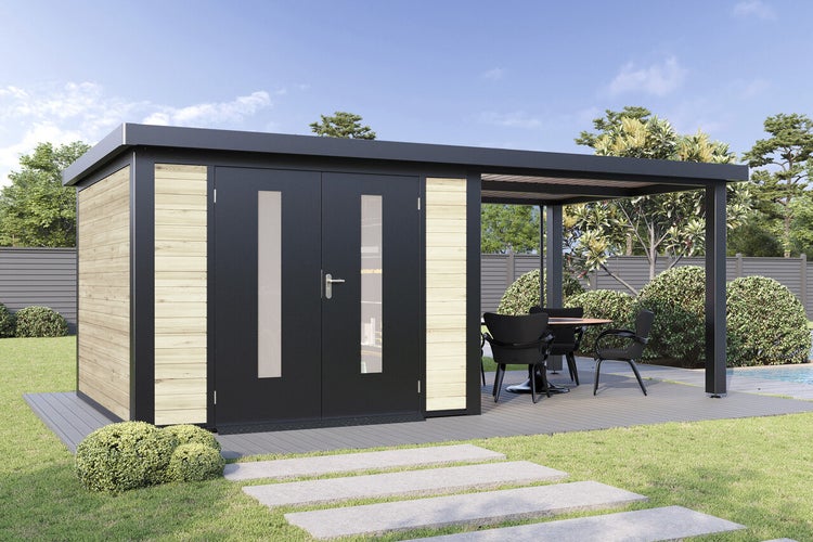 Modernes Gartenhaus mit Flachdach, Doppeltür mit Glaseinsätzen und integriertem Terrassenüberdachung, Holz und Metall, im Garten aufgestellt.