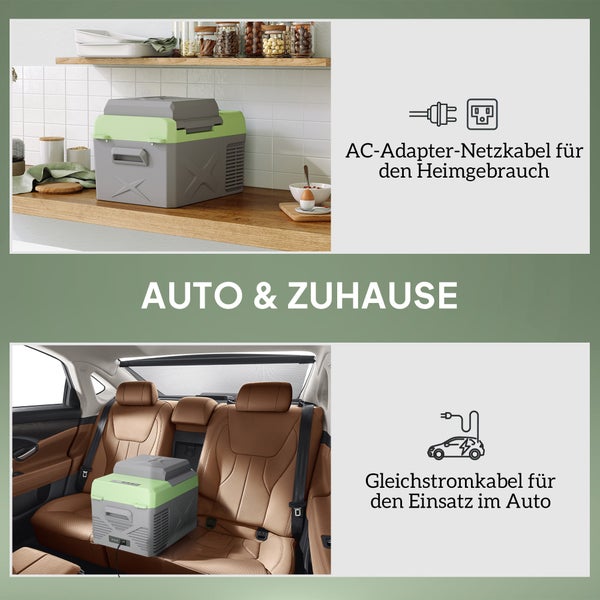 Outsunny 12 Liter Kompressor Kühlbox elektrische Kühlbox mit Anschluss Kühlhaltefunktion Gefrierbox Thermobox Mini Kühlschrank 12/220 Volt für Auto Steckdose LKW Camping Boot Grau+Grün