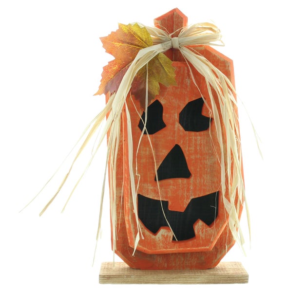 Dekorative Halloween Kürbisfigur aus Holz mit Gesicht