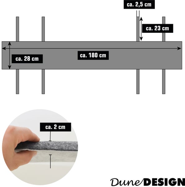 Maßzeichnung einer rechteckigen Filzmatte mit einer Länge von circa 180 Zentimetern und einer Dicke von circa 2 Zentimetern von Dune Design.