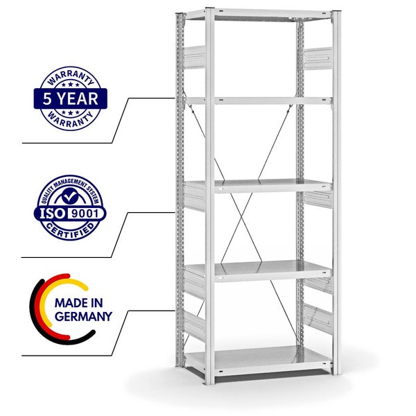 PROREGAL Fachbodenregal Stecksystem T-Profil Heavy-Duty Grundregal HxBxT 200 x 75 x 40 cm 5 Ebenen Fachlast 300 kg Einseitig Nutzbar Lichtgrau