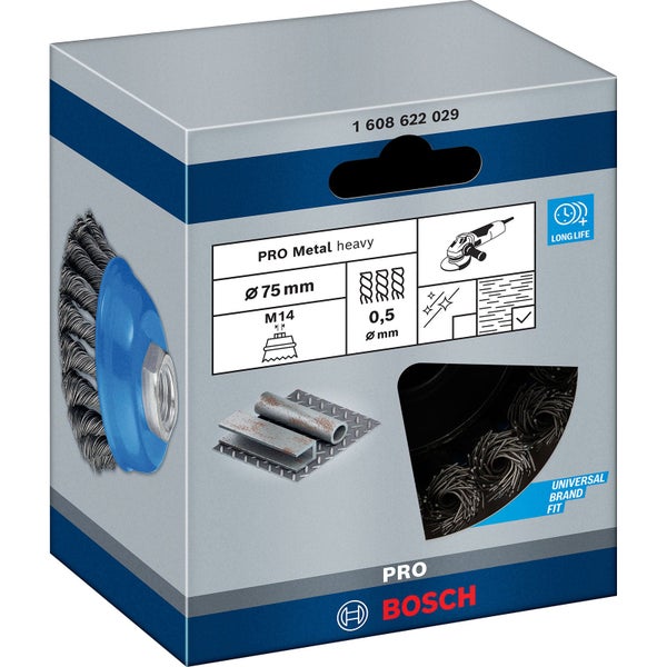 Verpackung einer Bosch Topfbürste mit 75 Millimeter Durchmesser für Metall