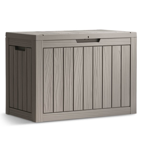 Graue Gartenbox aus Kunststoff in Holzoptik, wetterfeste Auflagenbox für Garten und Terrasse.