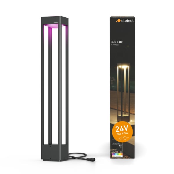 Steinel Stela C 24V Connect LED Wegeleuchte mit Stecker für den Außenbereich, inklusive Verpackung mit technischen Produktdaten.