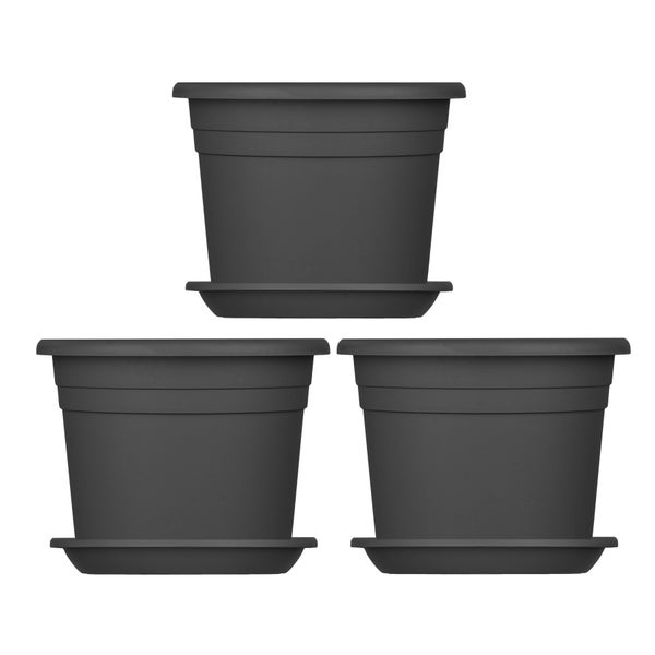 3x Blumentopf Ø 40 cm Farbe Anthrazit & Untersetzer Kunststoff Pflanztopf Containertopf Übertopf Pflanzkübel rund 40 x 28 cm Blumentöpfe