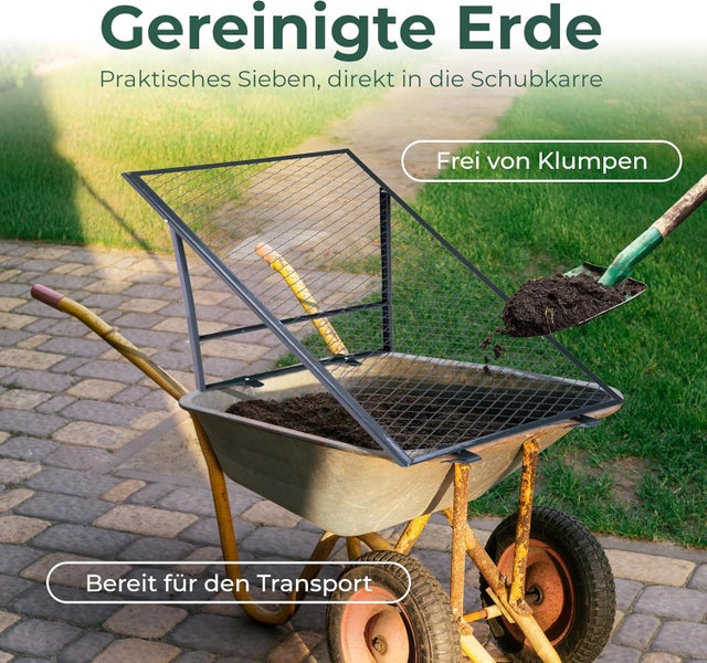 Durchwurfsieb auf einer Schubkarre zum Filtern von Erde und Entfernen von Klumpen während des Schaufelns.