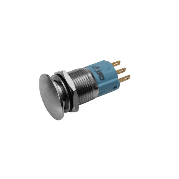 Einrastender Drucktaster aus Metall mit Gewindegehäuse und elektrischen Anschlüssen