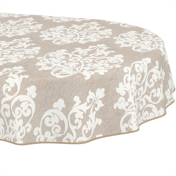 Rund geschnittene Tischdecke mit barockem Ornamentmuster und Paspelrand.
