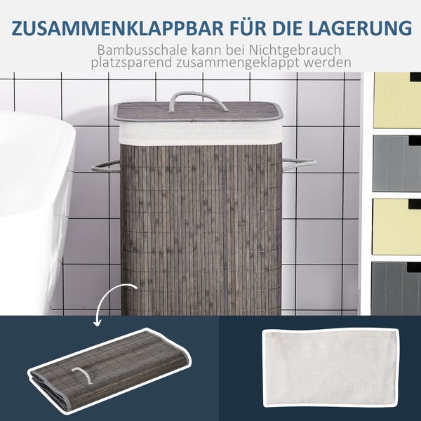 HOMCOM Bambus Wäschekorb schmal mit Deckel 83L Wäschesammler mit Griffen, herausnehmbarer Wäschesack, Laundry Baskets Wäschesortierer für Waschküche Badezimmer Schlafzimmer Grau