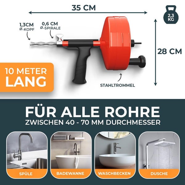 Meisterfaktur Rohrreinigungsspirale mit Metalltrommel [10M] - mit Bohraufsatz - Ideale Abflussspirale für eine umweltfreundliche Rohrreinigung