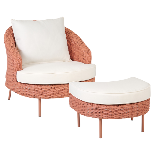 Gartensessel mit Ottomane ARCILLE Polyrattan Pfirsichrosa