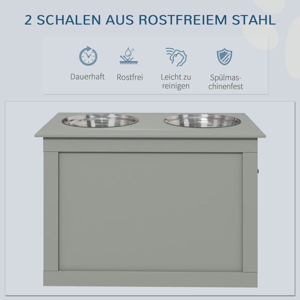 PawHut Hunde Fressnapf mit Staumraum 2 Näpfen Futterstation Edelstahlnapf Katzenapf Edelstahl Grau 60 x 30 x 41 cm