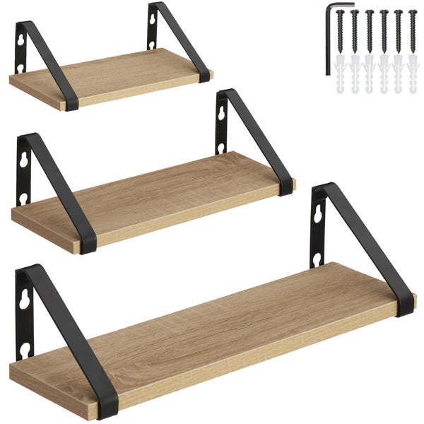 3er Set Wandregal tectake Cowell Höhe 12 cm Industrial Style Industrial Holz hell, Eiche Sonoma
