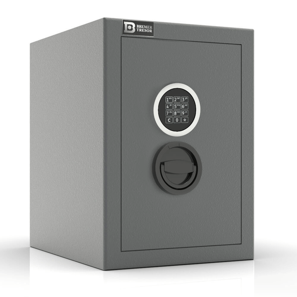 Bremer Tresor mit elektronischem Zahlenschloss und rundem Griff, robustes Gehäuse aus Metall.