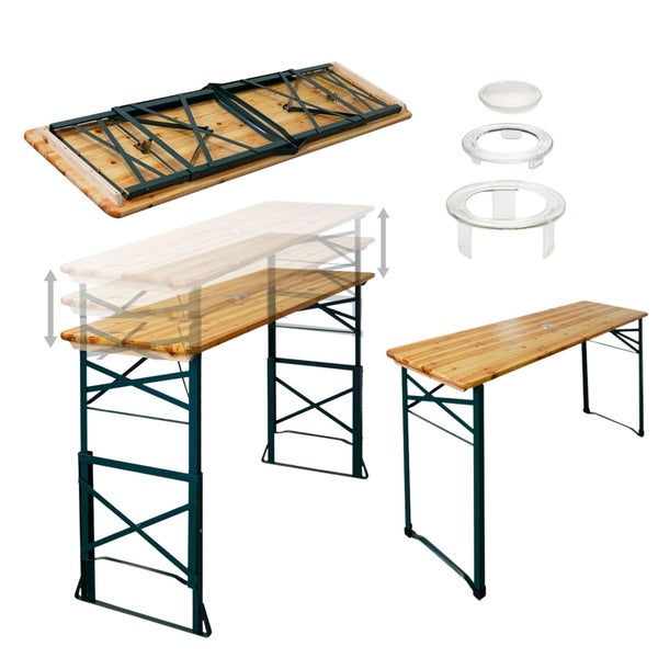 Bierzelt-Stehtisch mit höhenverstellbaren Füßen, zusammengeklappt und Zubehör für Sonnenschirmloch