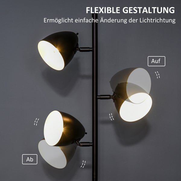 Stehleuchte mit drei Lampenschirmen zur flexiblen Lichtgestaltung