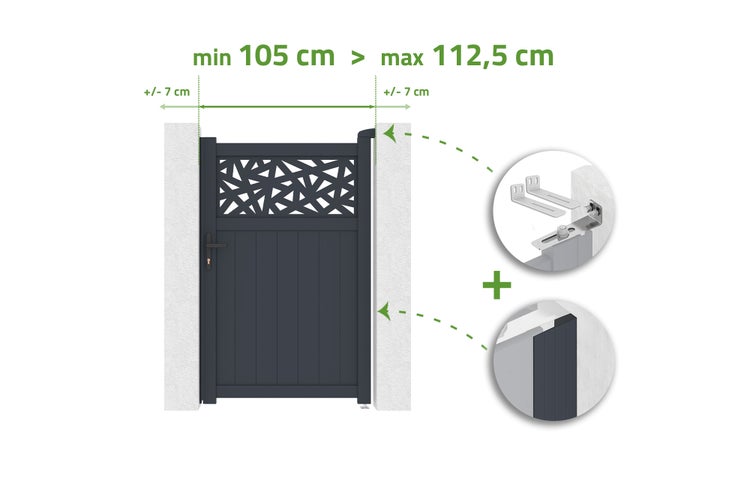 Gartentor mit Zierelement, Breite verstellbar von 105 bis 112,5 Zentimeter, Verstellbereich plus minus 7 Zentimeter, inklusive Beschläge.