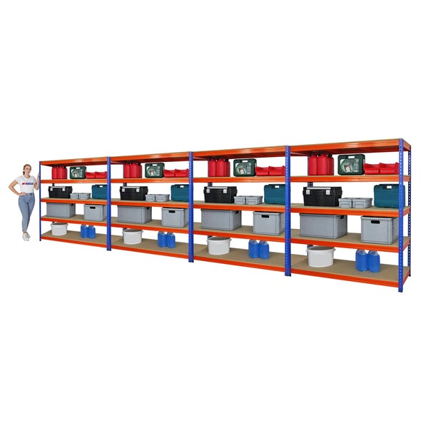 PROREGAL Mega Deal 4x Profi Schwerlastregal Bison HxBxT 200 x 180 x 60 cm 5 Fachböden Fachlast 600 kg Blau-Orange